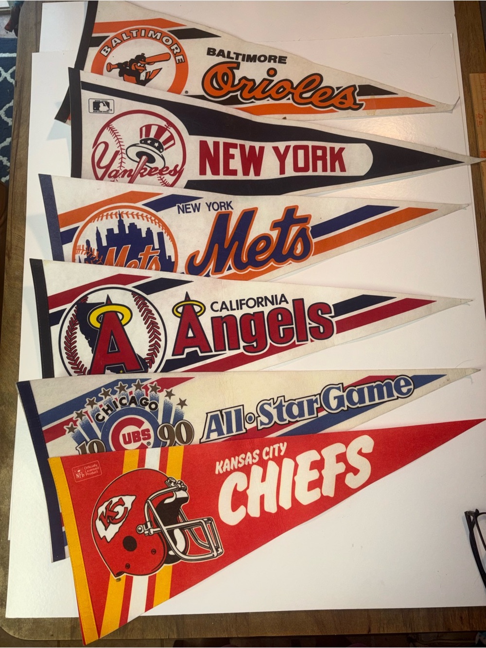 Lot of 6 1990’s Vintage MLB / NFL Pennants - Orioles New York Angels Cubs Chiefs